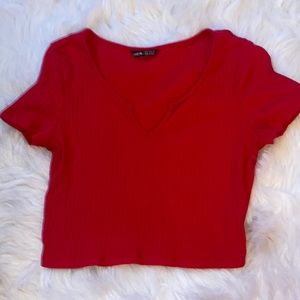 red notched neckline rib-knit slim tee